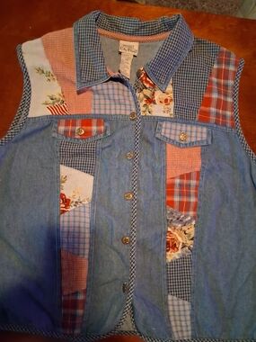 Patchwork Denim Vest Sz 18W- Blue & Red